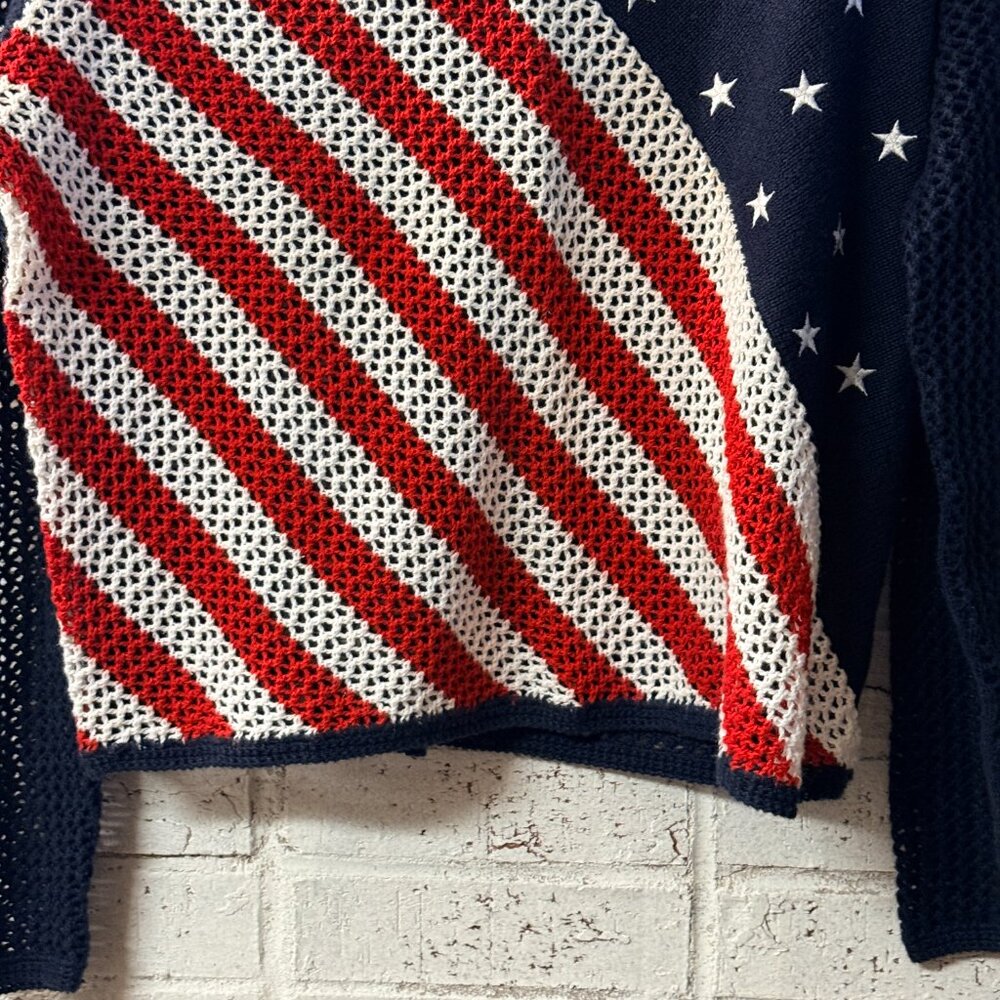 Norton Petites American Flag Open Knit Sweater PL Patriotic USA Semi Sheer - Picture 3 of 10